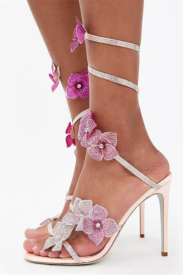 Sparkly Pink Beaded Strappy Stiletto Heel Sandals with 3D Flowers